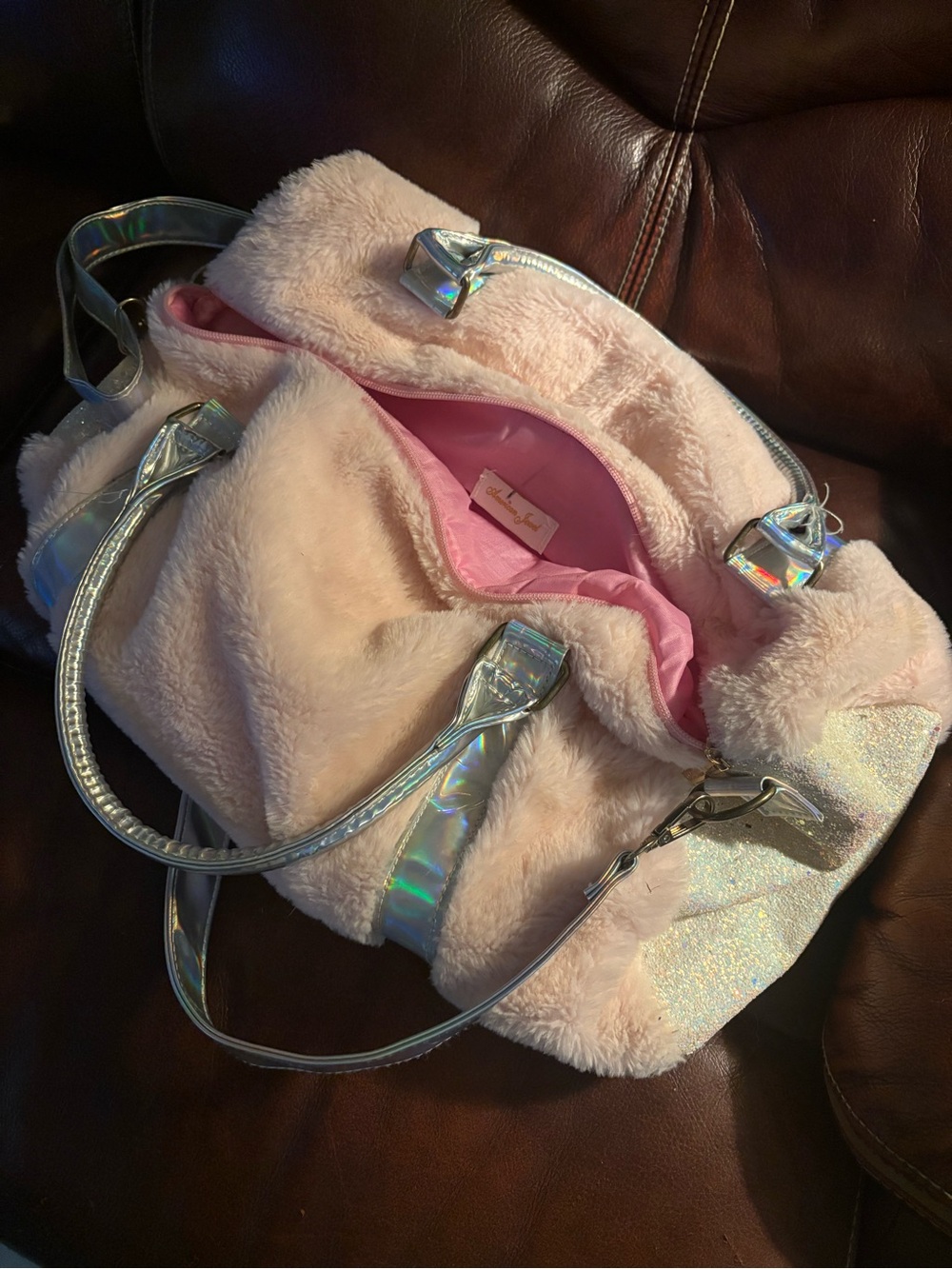 American Girl Pink Faux Fur Weekender with Holographic Trim